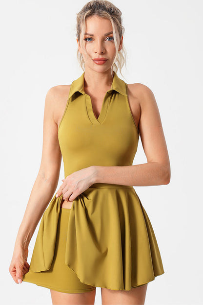 V Neck Sleeveless Active Pleated Dress | Mustard