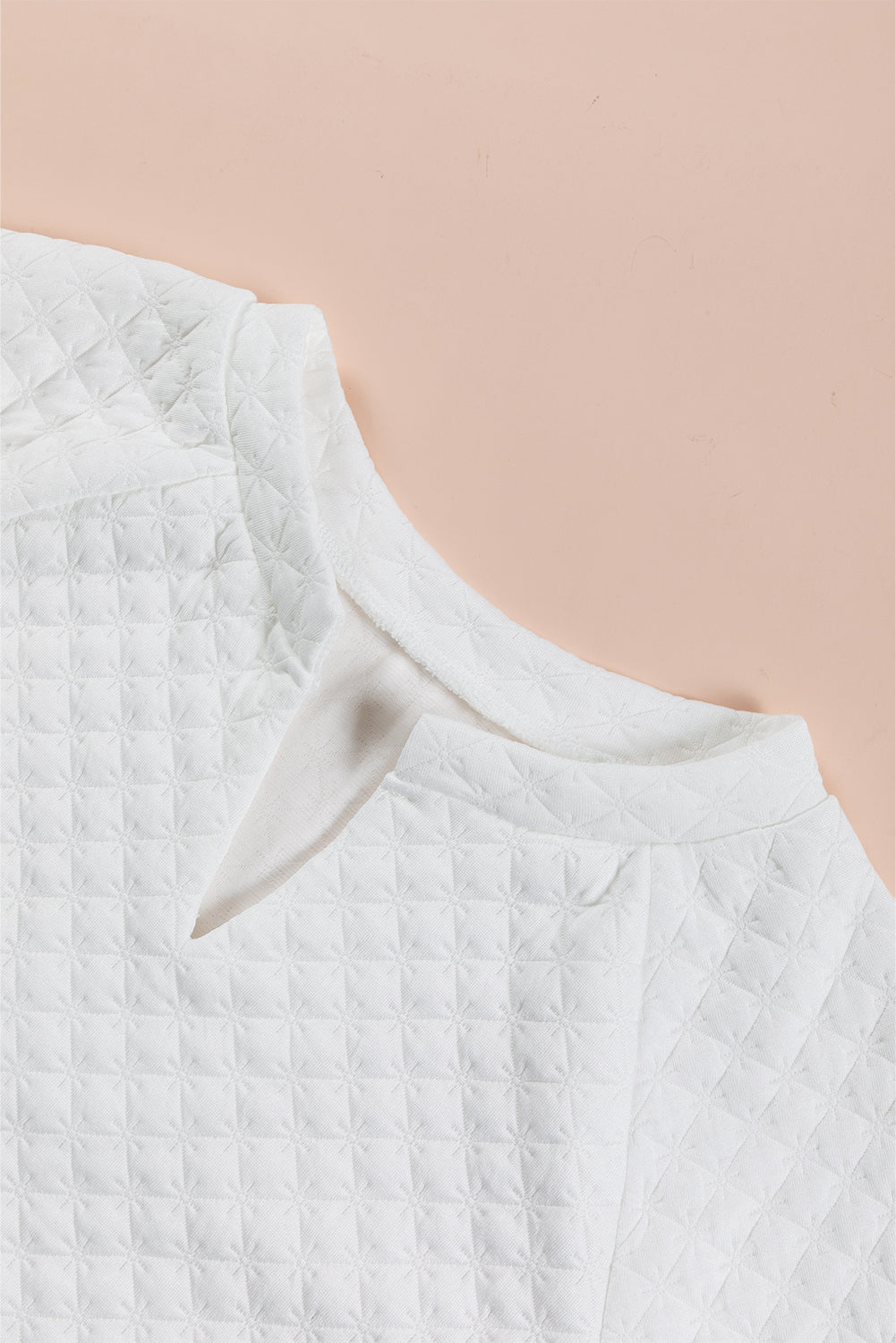 Split Neck Quilted Long Sleeve Top | White