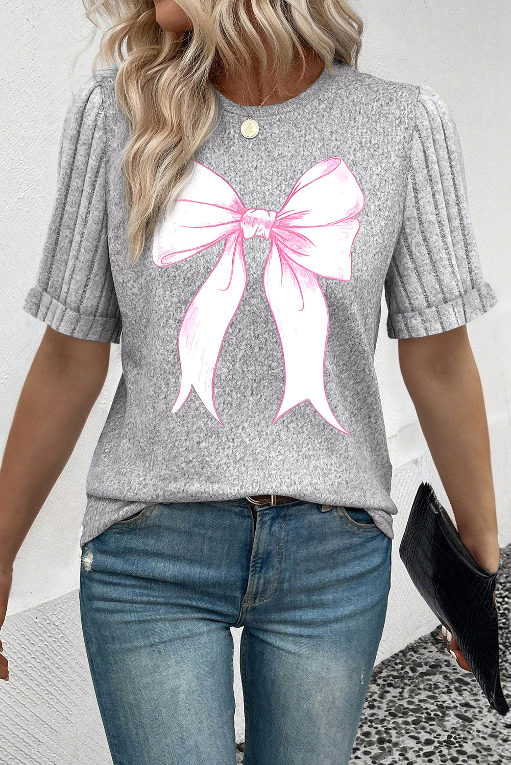 Bow Knot Print Ribbed Knit Sleeve Round Neck Tee | Gray