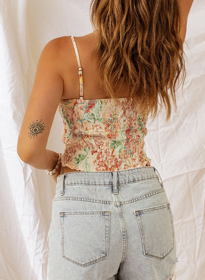 Floral Print Smocked Ruched Tank Top | Apricot