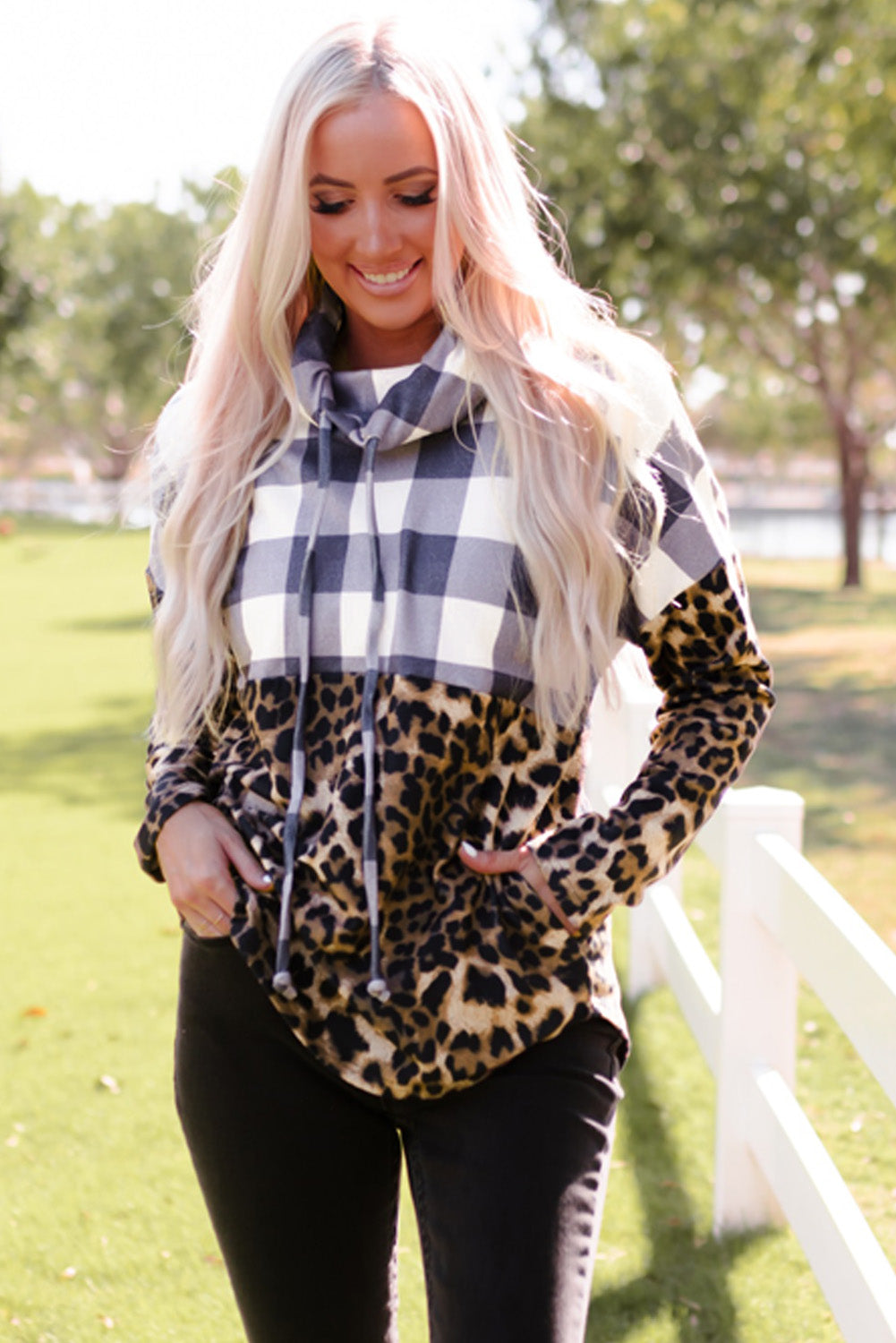 Plaid Patchwork Cowl Neck Sweatshirt | Leopard