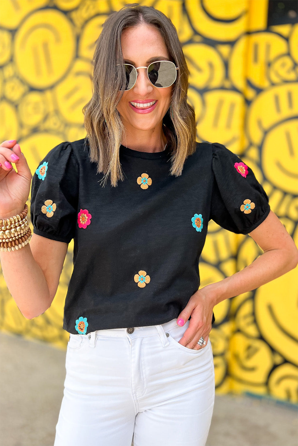 Embroidered Flower Short Puff Sleeve Tee | Black