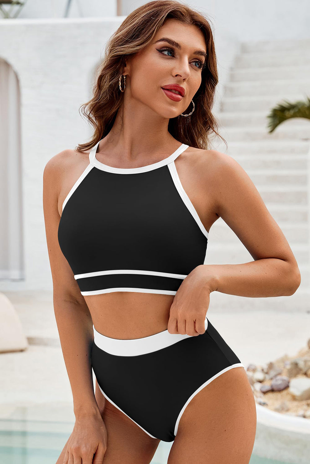 Contrast Trim Crisscross Back High Waisted Bikini | Black