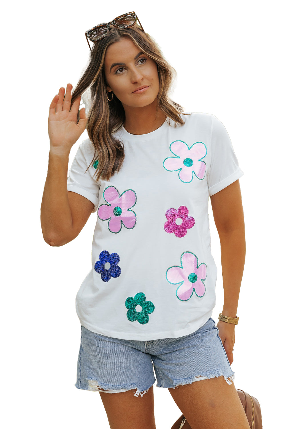 Sequined Flower Pattern Round Neck T Shirt | White