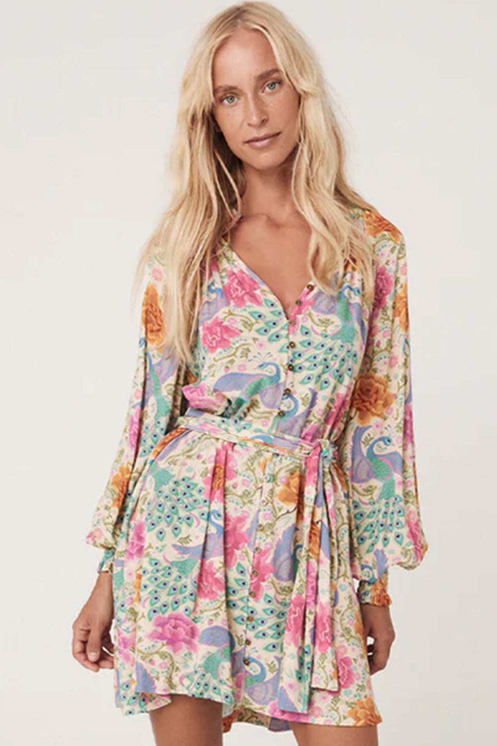 Floral Print Bubble Sleeve Buttoned V Neck Mini Dress | Multicolour