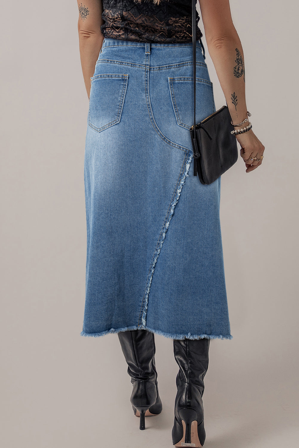 Frayed Slit Asymmetric Denim Midi Skirt | Light Blue