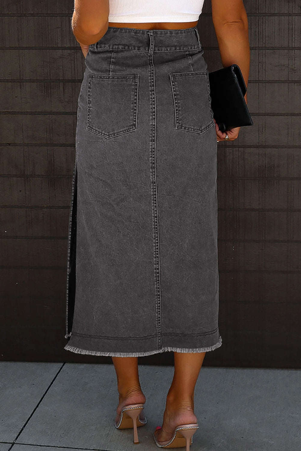 Raw Edge Side Slits Buttoned Midi Denim Skirt | Black