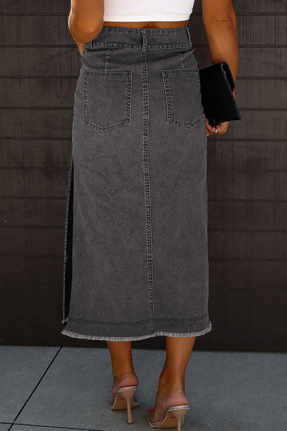 Raw Edge Side Slits Buttoned Midi Denim Skirt | Black