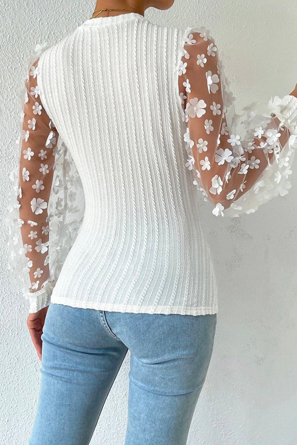 Floral Applique Mesh Sleeves Textured Knit Blouse | White