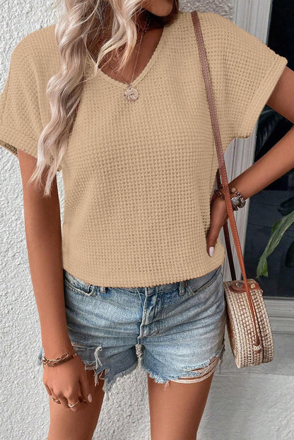 Textured Knit Button Back Cuffed Sleeve Tee | Oatmeal