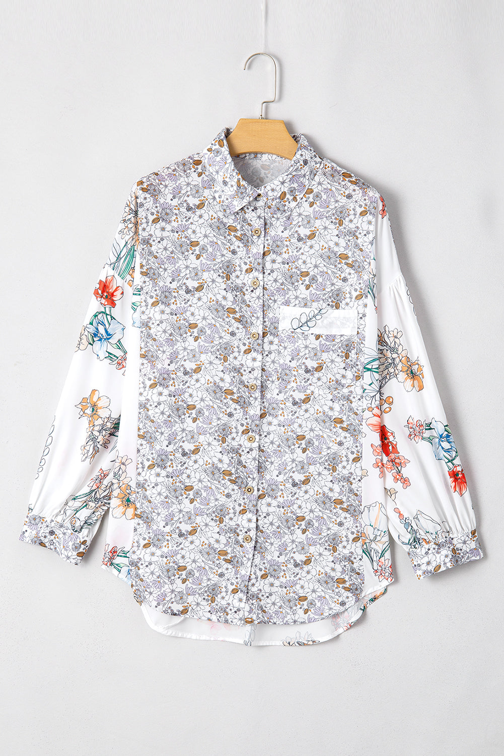 Boho Floral Bishop Sleeve Button Up Loose Shirt | Purple