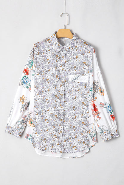 Boho Floral Bishop Sleeve Button Up Loose Shirt | Purple