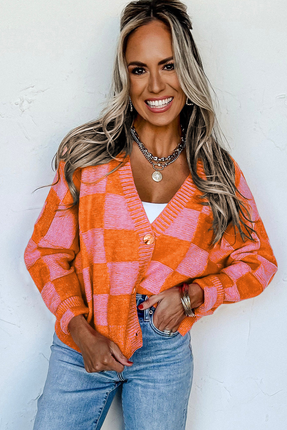 Checkered Drop Shoulder Buttoned V Neck Cardigan | Orange