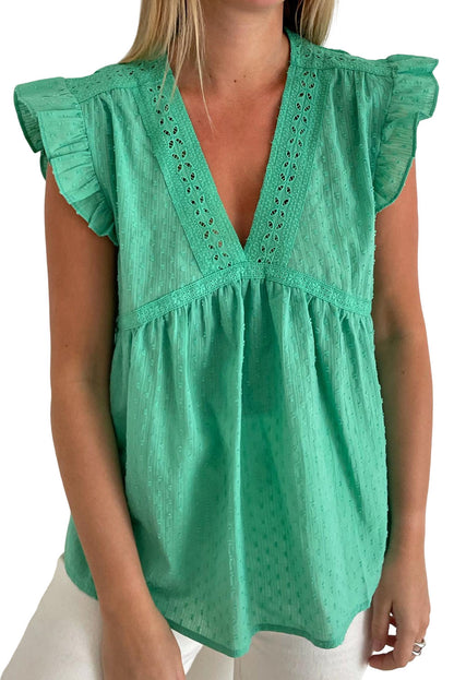 Eyelet V Neckline Ruffle Swiss Dot Top | Green