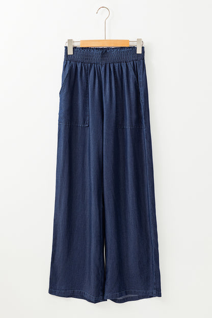 Side Pockets Frilled Smocked High Waist Wide Leg Jeans | Sail Blue