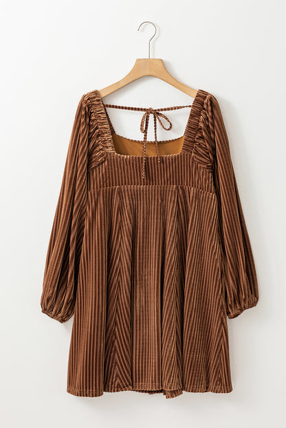 Tie Back Square Neck Velvet Babydoll Dress | Brown