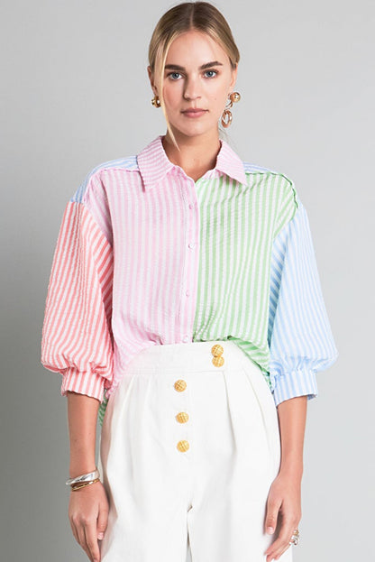 Colour Block Balloon Sleeve Buttoned Loose Fit Shirt | Pink Stripe