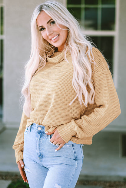 Solid Waffle Knit Turtleneck Long Sleeve Top | Apricot