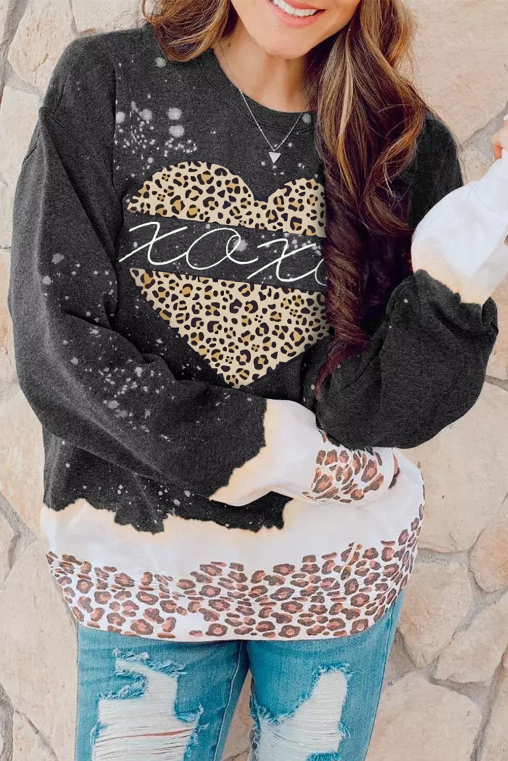 Xoxo Heart Leopard Splicing Pullover Sweatshirt | Black