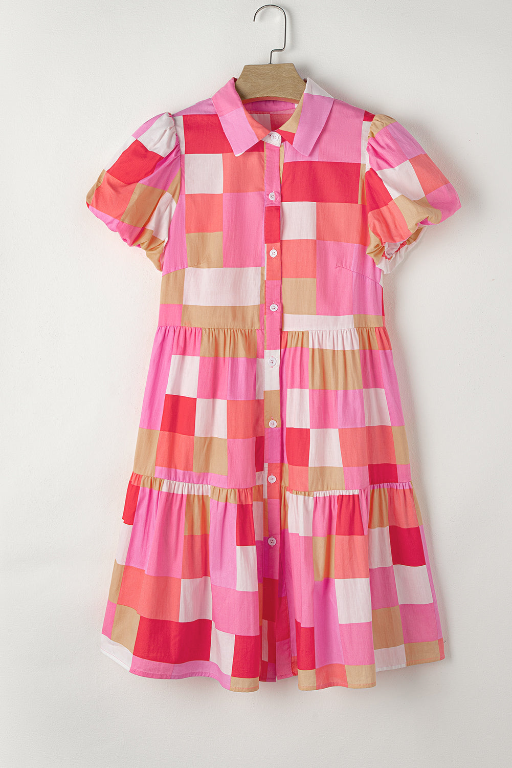 Plaid Print Puff Sleeve Buttoned Tiered Dress | Pink