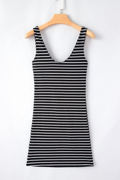 Ribbed Knit Sleeveless Mini Dress | Black Stripe