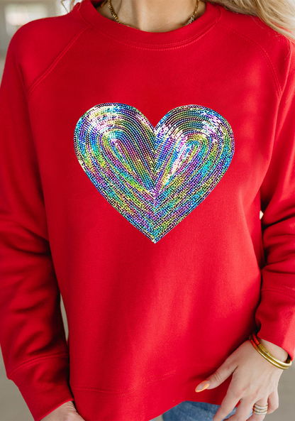 Bold Sequin Heart Crewneck Valentines Pullover Sweatshirt | Red