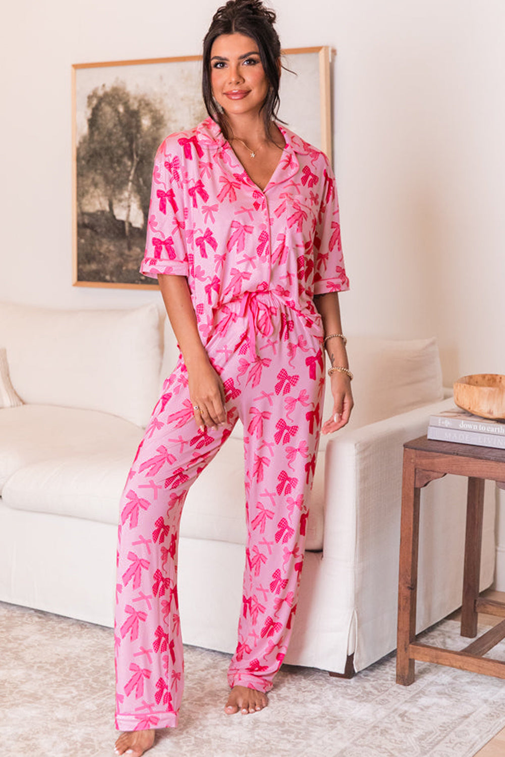 Bow Knot Print Lapel Collar Short Sleeve And Pants Pajamas Set | Pink