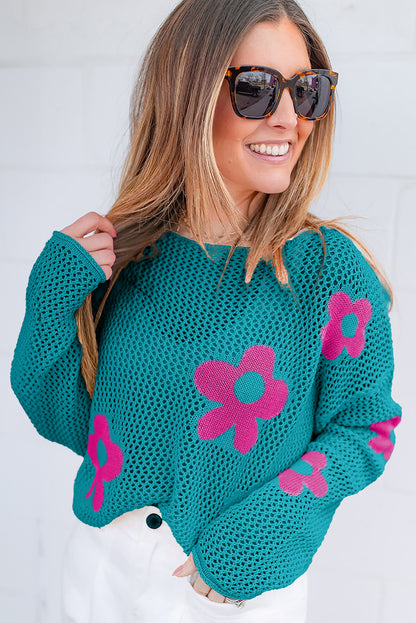 Big Flower Hollowed Knit Drop Shoulder Sweater | Sea Green