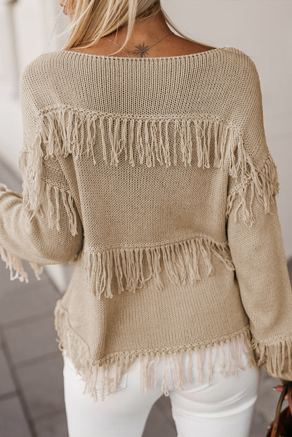 Boho Tasseled Knitted Sweater | Khaki