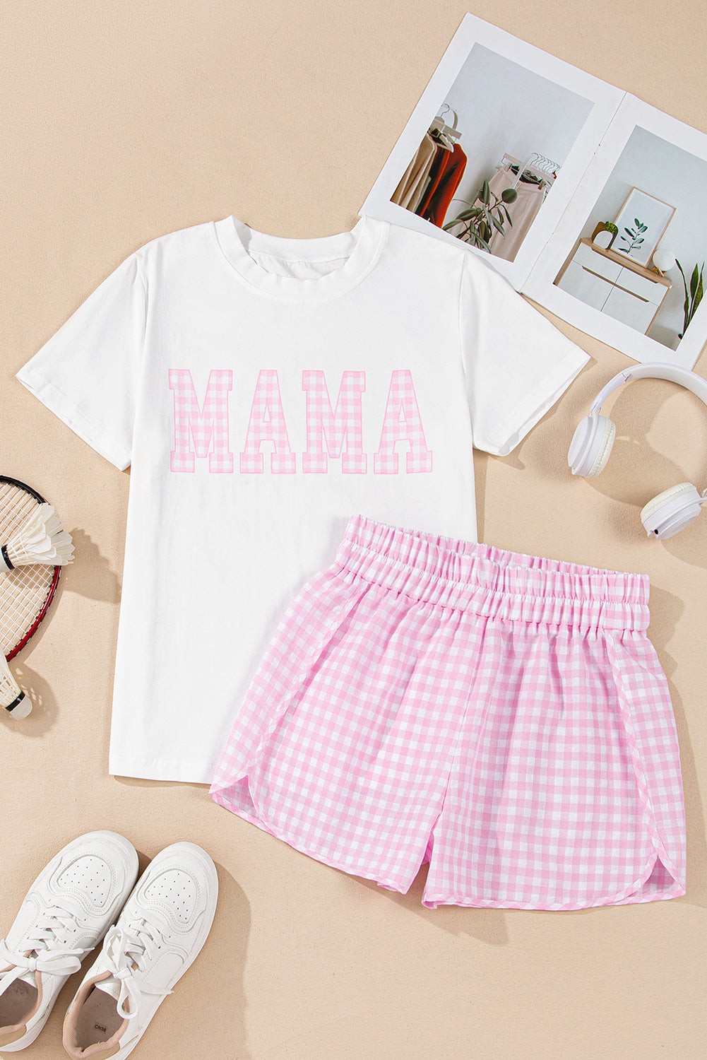 Mama Printed Tee And Plaid Shorts Lounge Set | White