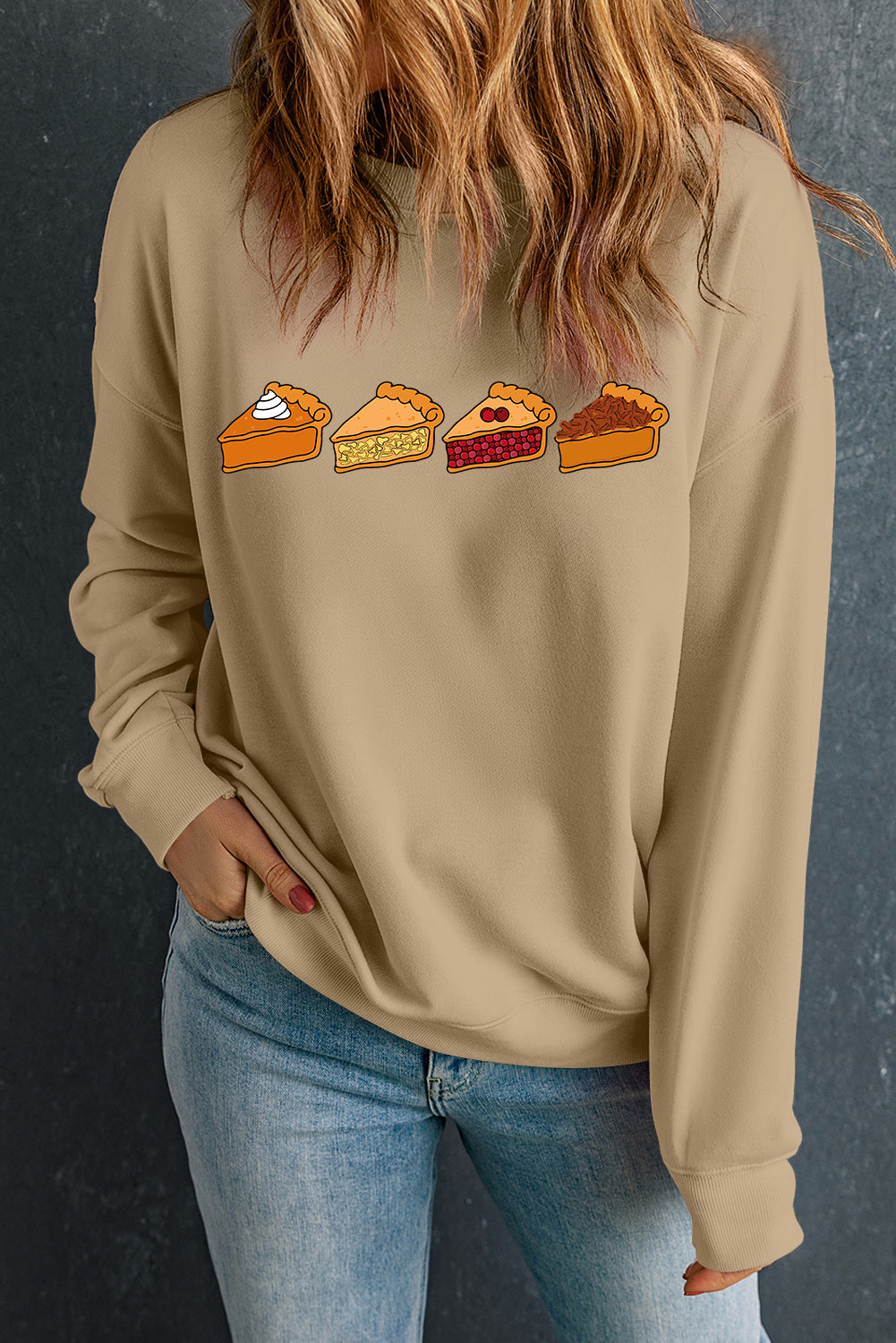 Khaki Thanksgiving Pie Print Drop Shoulder Sweatshirt