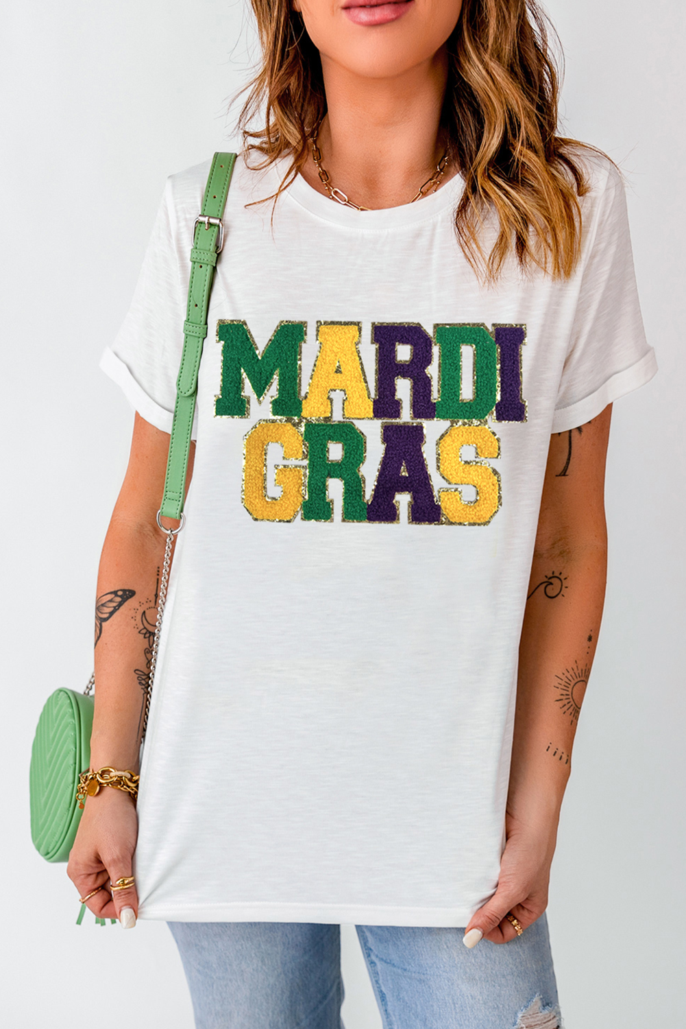 Chenille Mardi Gras Patched Graphic T Shirt | White