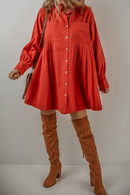 Bishop Sleeve Button Up Pleated Mini Shirt Dress | Tomato Red