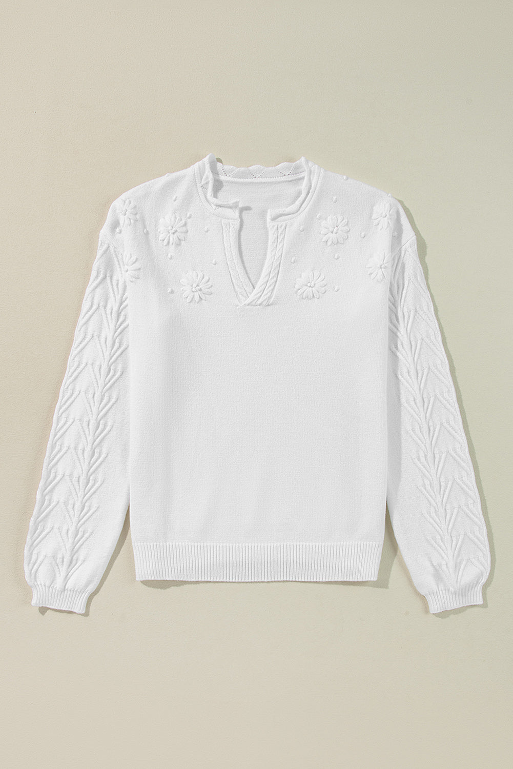 Flower Detail Knitted Notched Neck Sweater | White