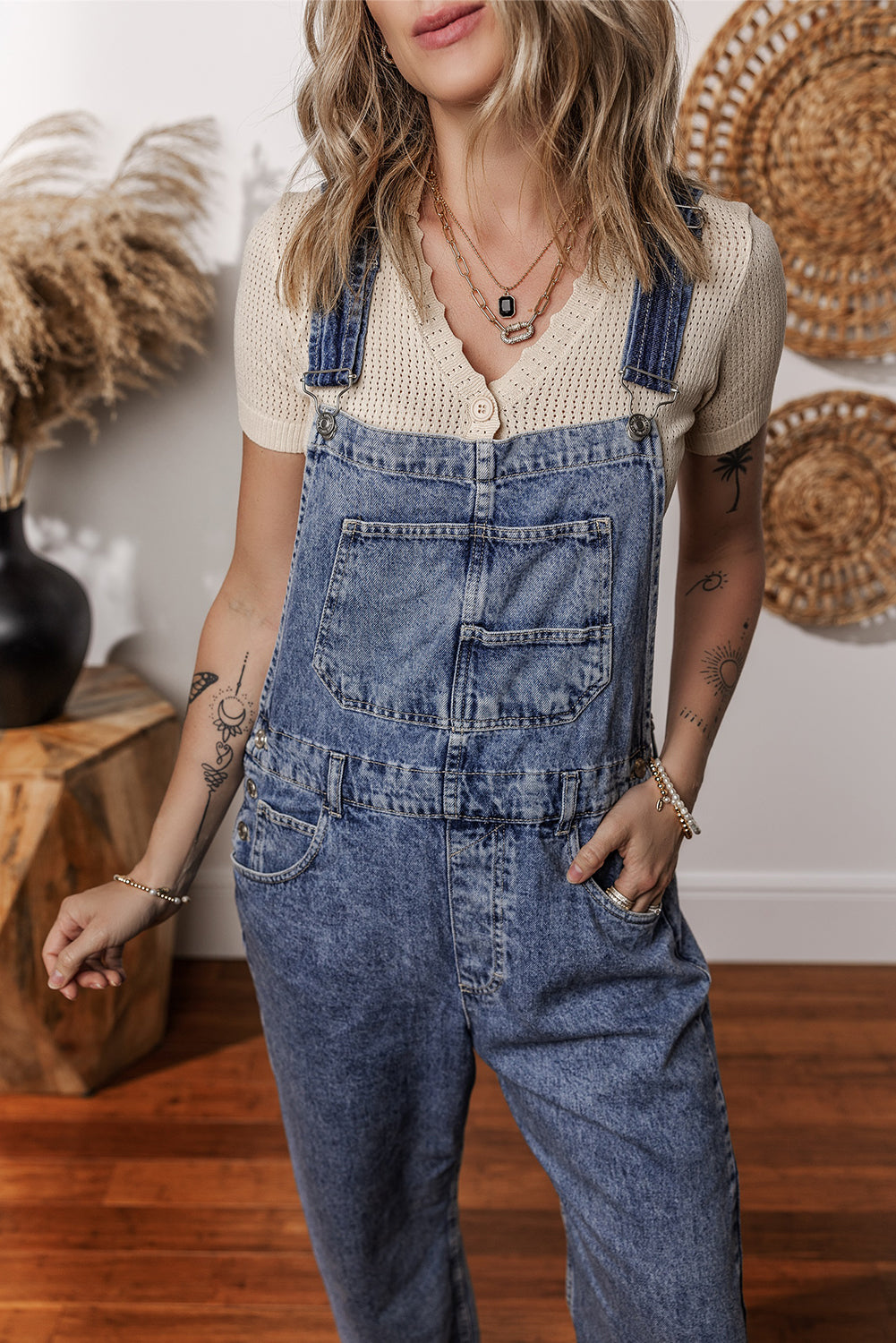 Denim Bib Straight Leg Jumpsuit With Pockets | Sail Blue