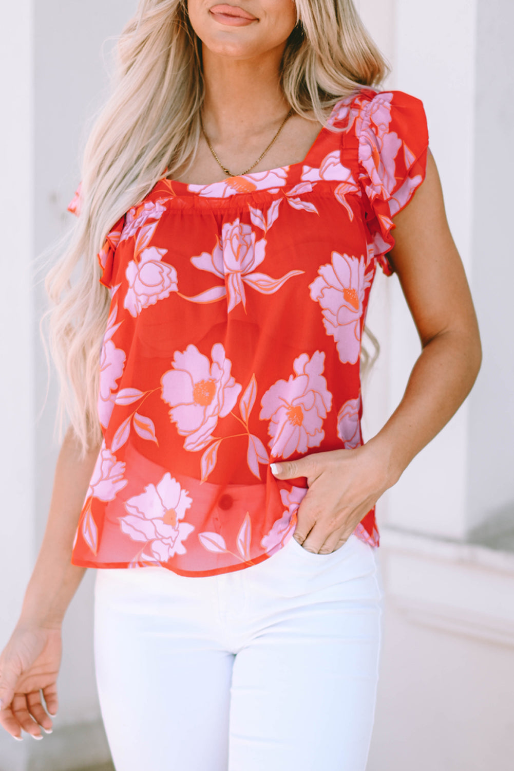 Fiery  Floral Square Neck Ruffle Sleeve Blouse | Red