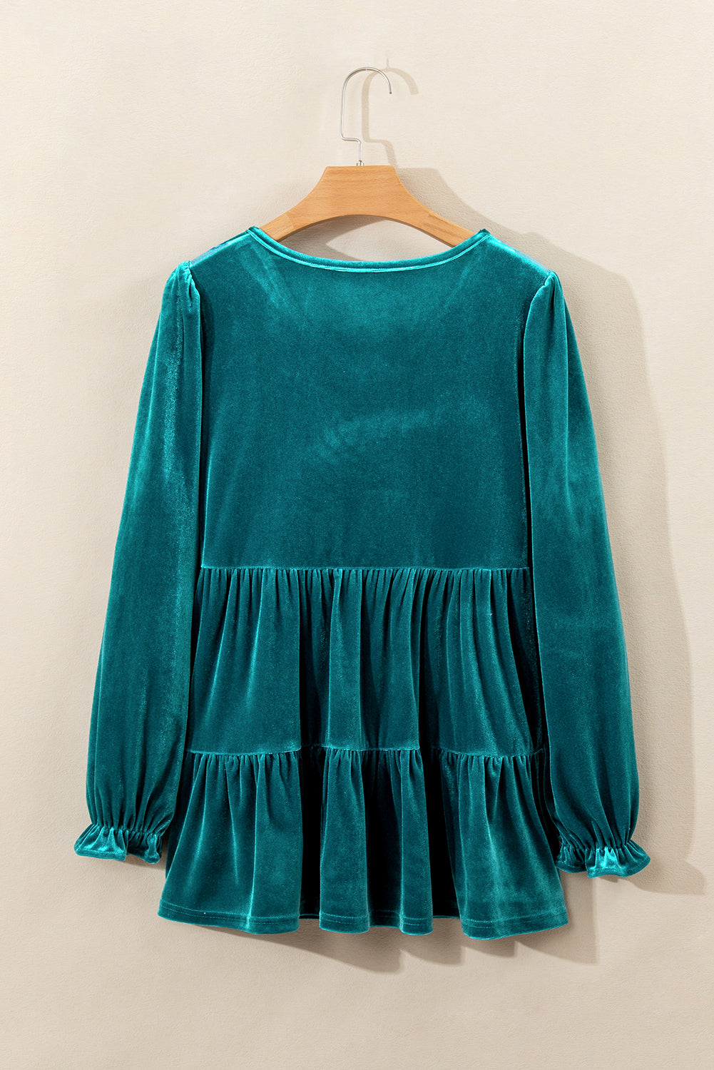 Velvet V Neck Peplum Hem Puff Sleeve Blouse | Sea Green