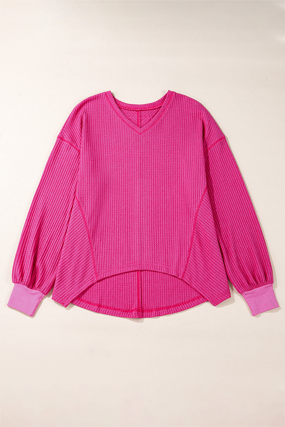 Waffle V Neck Long Sleeve Drop Shoulder Loose Blouse | Bright Pink