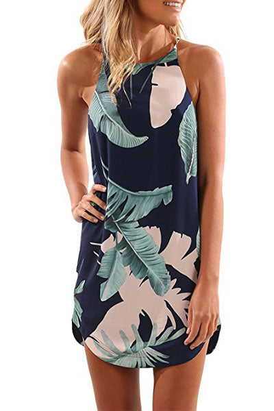 Palm Tree Leaf Print Navy Sleeveless Dress | as shown