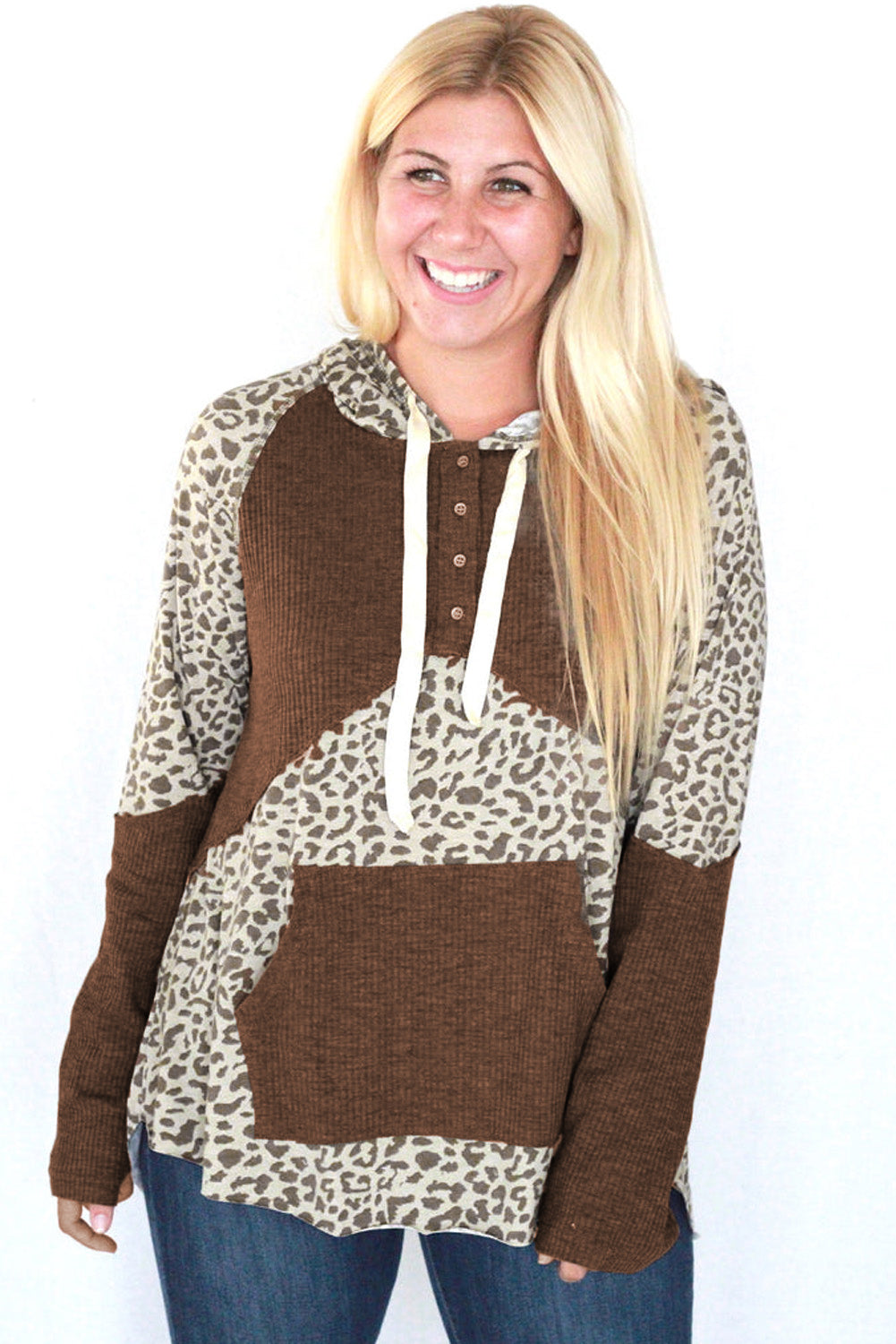 Ribbed Patchwork Buttoned Hoodie | Leopard Print