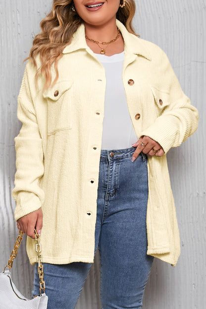 Plus Size Ribbed Flap Pocket Collared Knit Jacket | Beige