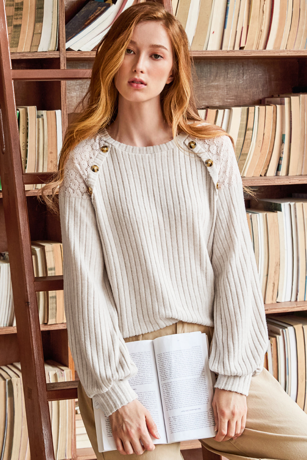 Contrast Lace Raglan Sleeve Buttoned Ribbed Top | Parchment