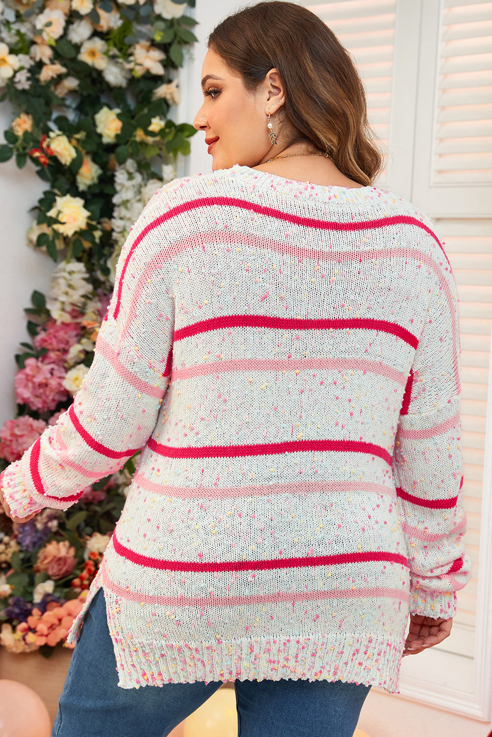 Drop Shoulder Side Split Plus Size Sweater | Pink Stripe