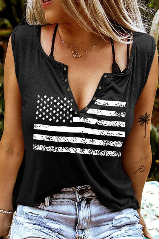 Black American Flag Print Split V Neck Sleeveless Top