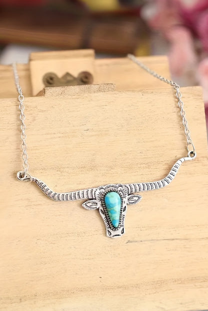 Turquoise Steer Head Pendant Chain Necklace | Light Blue