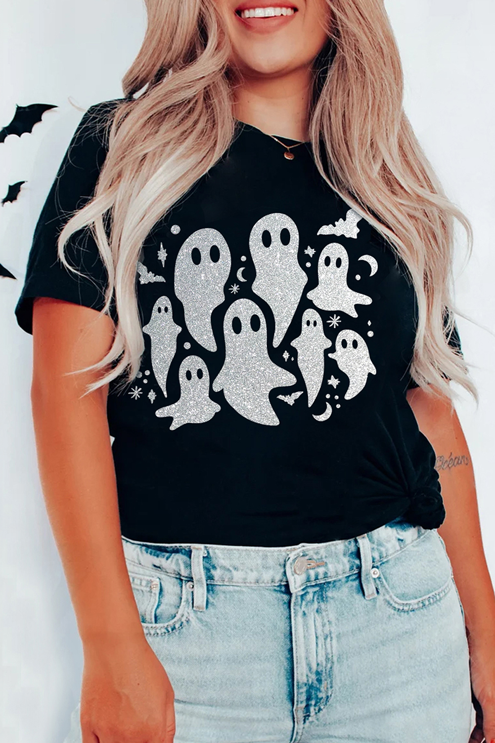 Halloween Glitter Ghost Pattern Crew Neck T Shirt | Black