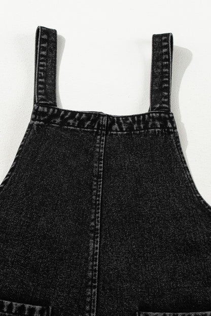 Distressed Bib Pocket Wide Leg Denim Overall | Black