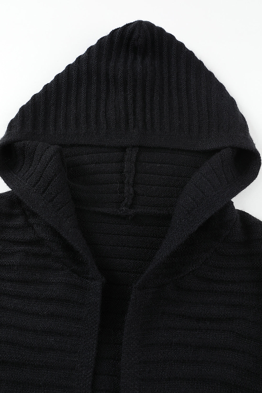 Horizontal Rib Knitted Open Front Hooded Cardigan | Black