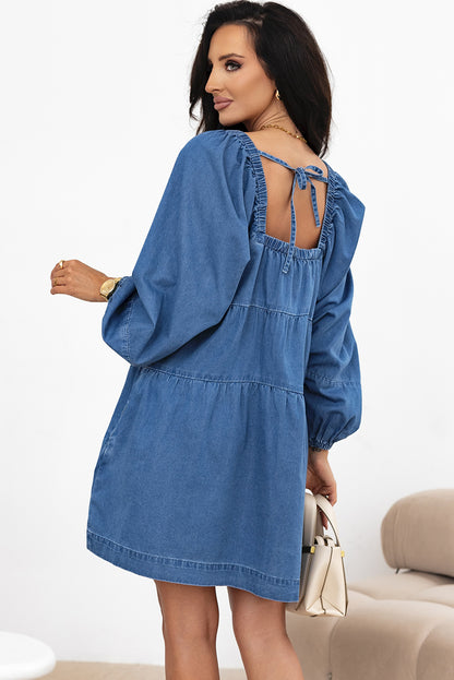 Square Neck Side Pockets Loose Fit Denim Mini Dress | Dusk Blue