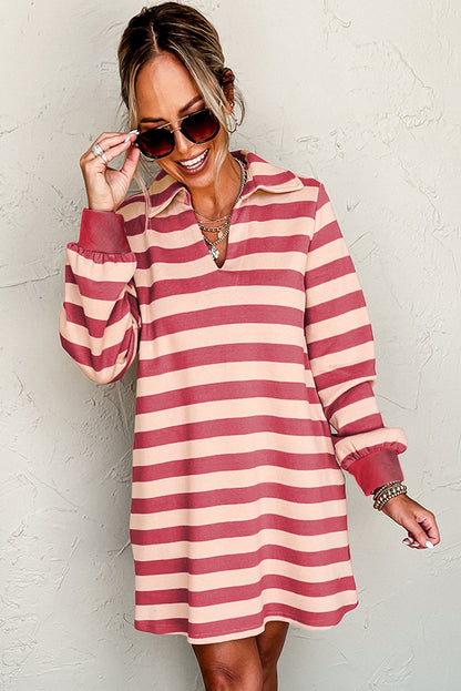 Collared V Neck Long Sleeve Loose Casual Dress | Pink Stripe